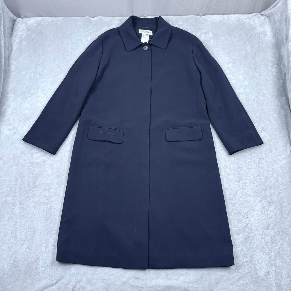 Mondi Trench Coat Women 44 Navy Blue Hidden Button Long Car Overcoat Germany